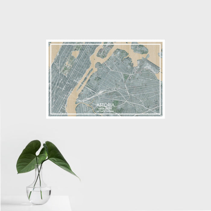 16x24 Astoria New York Map Print Landscape Orientation in Afternoon Style With Tropical Plant Leaves in Water