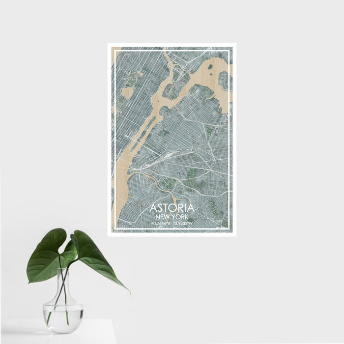 16x24 Astoria New York Map Print Portrait Orientation in Afternoon Style With Tropical Plant Leaves in Water