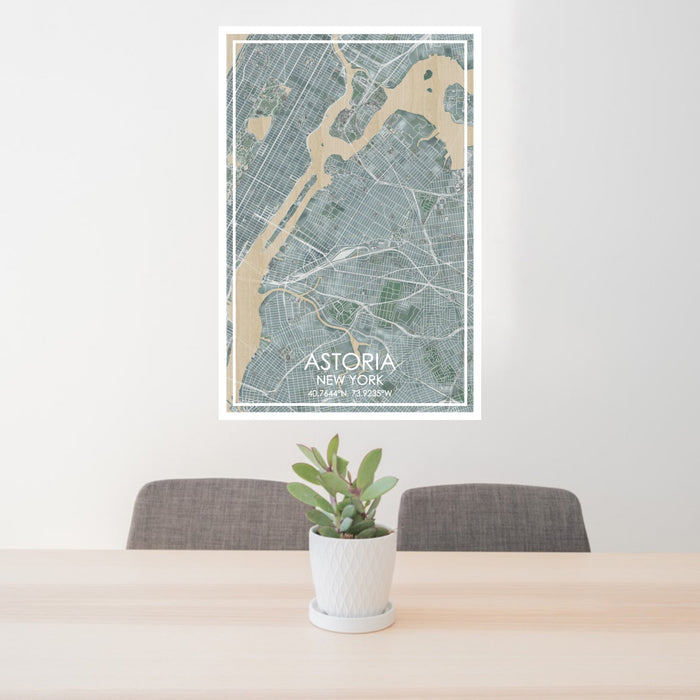 24x36 Astoria New York Map Print Portrait Orientation in Afternoon Style Behind 2 Chairs Table and Potted Plant