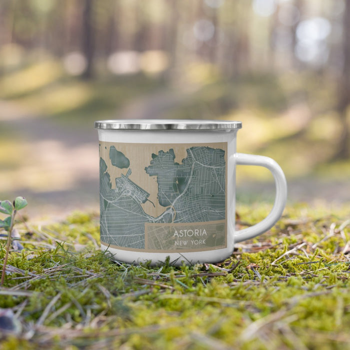 Right View Custom Astoria New York Map Enamel Mug in Afternoon on Grass With Trees in Background