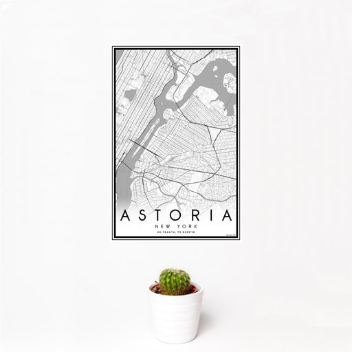 12x18 Astoria New York Map Print Portrait Orientation in Classic Style With Small Cactus Plant in White Planter