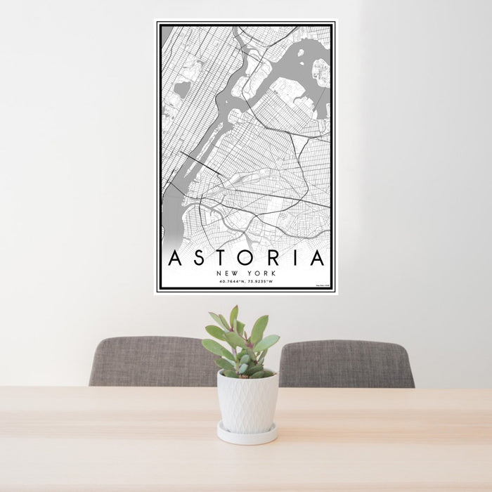 24x36 Astoria New York Map Print Portrait Orientation in Classic Style Behind 2 Chairs Table and Potted Plant
