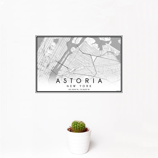 12x18 Astoria New York Map Print Landscape Orientation in Classic Style With Small Cactus Plant in White Planter