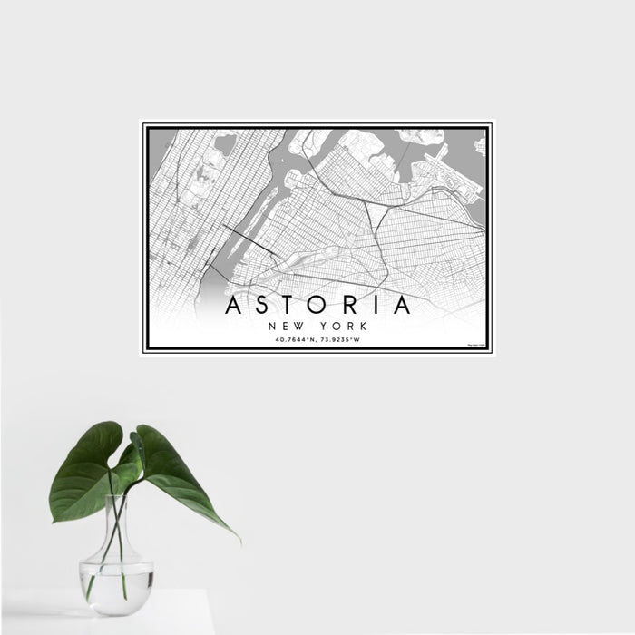 16x24 Astoria New York Map Print Landscape Orientation in Classic Style With Tropical Plant Leaves in Water