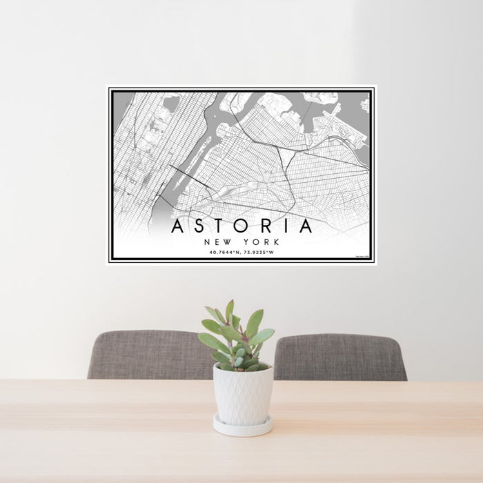 24x36 Astoria New York Map Print Landscape Orientation in Classic Style Behind 2 Chairs Table and Potted Plant