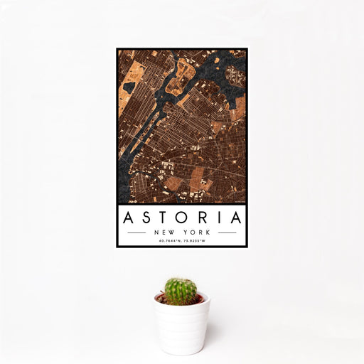 12x18 Astoria New York Map Print Portrait Orientation in Ember Style With Small Cactus Plant in White Planter