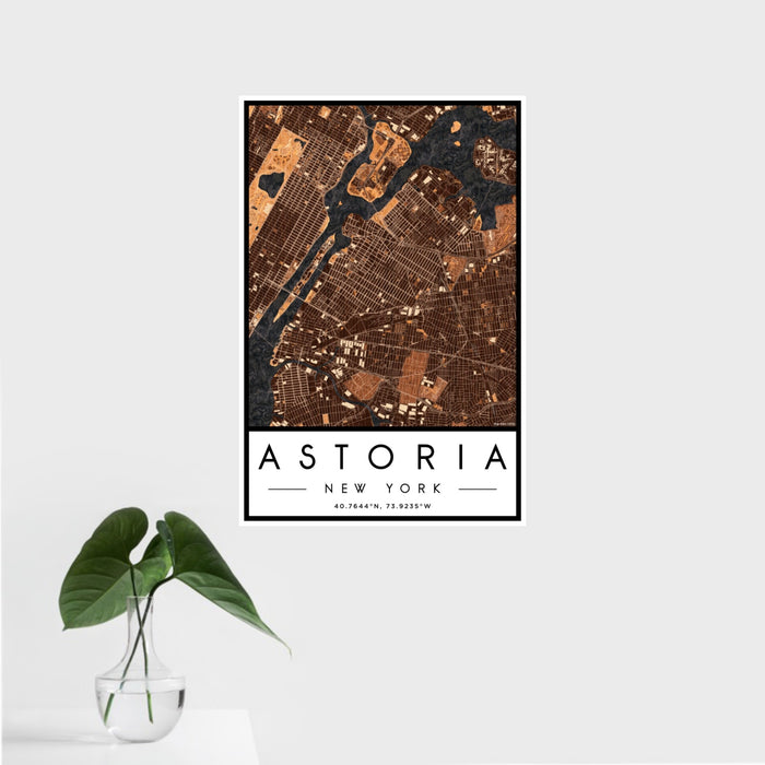 16x24 Astoria New York Map Print Portrait Orientation in Ember Style With Tropical Plant Leaves in Water