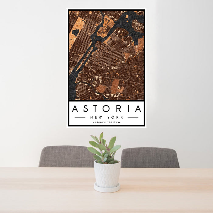 24x36 Astoria New York Map Print Portrait Orientation in Ember Style Behind 2 Chairs Table and Potted Plant
