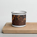 Front View Custom Astoria New York Map Enamel Mug in Ember on Cutting Board