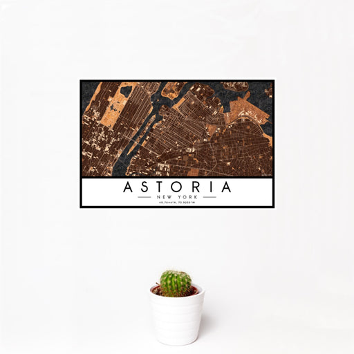 12x18 Astoria New York Map Print Landscape Orientation in Ember Style With Small Cactus Plant in White Planter