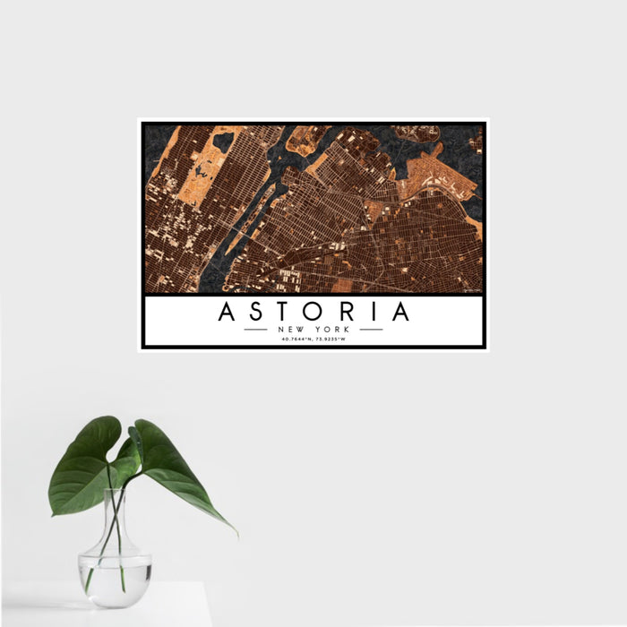 16x24 Astoria New York Map Print Landscape Orientation in Ember Style With Tropical Plant Leaves in Water