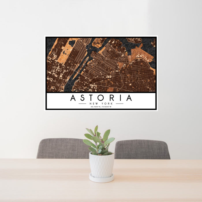 24x36 Astoria New York Map Print Landscape Orientation in Ember Style Behind 2 Chairs Table and Potted Plant
