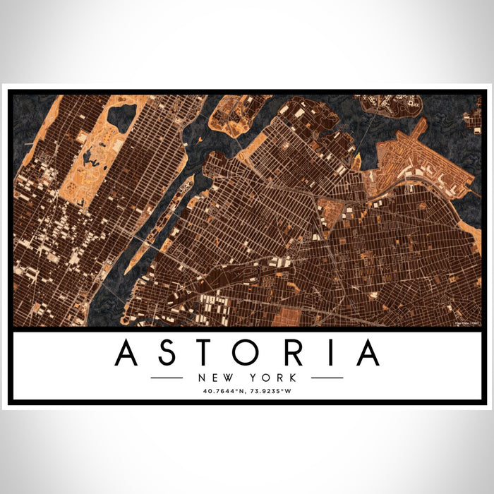 Astoria New York Map Print Landscape Orientation in Ember Style With Shaded Background