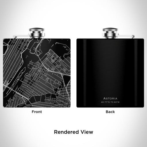 Rendered View of Astoria New York Map Engraving on 6oz Stainless Steel Flask in Black