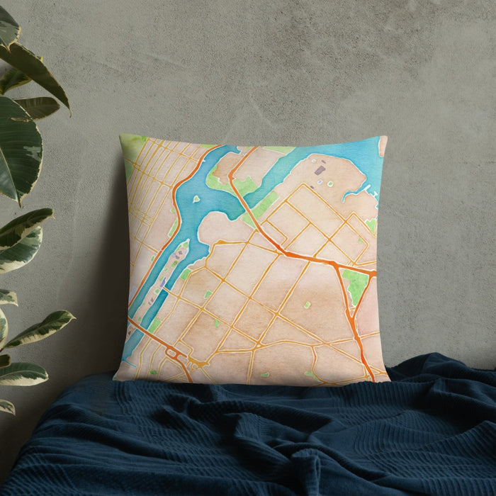 Custom Astoria New York Map Throw Pillow in Watercolor on Bedding Against Wall