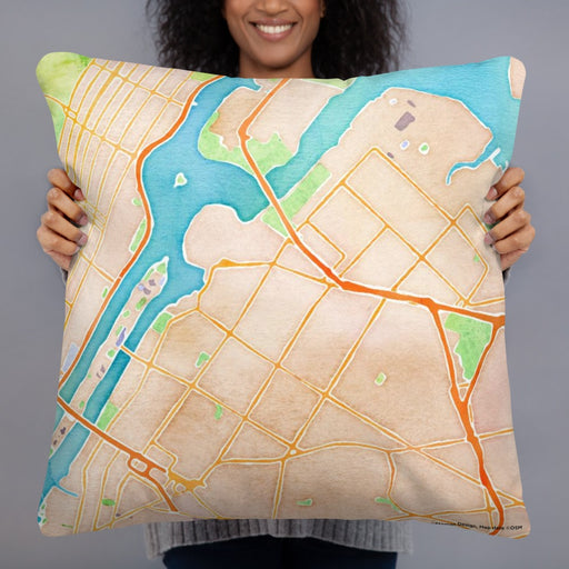 Person holding 22x22 Custom Astoria New York Map Throw Pillow in Watercolor