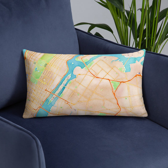 Custom Astoria New York Map Throw Pillow in Watercolor on Blue Colored Chair