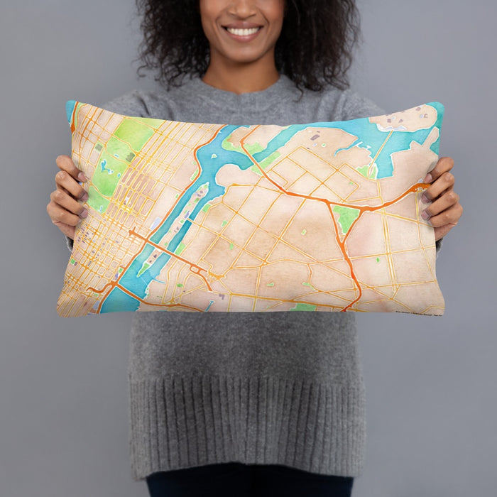 Person holding 20x12 Custom Astoria New York Map Throw Pillow in Watercolor