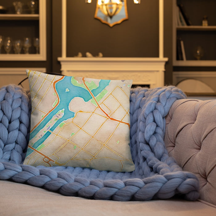 Custom Astoria New York Map Throw Pillow in Watercolor on Cream Colored Couch
