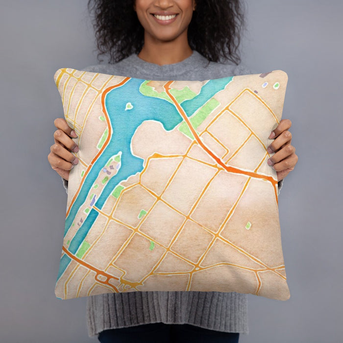 Person holding 18x18 Custom Astoria New York Map Throw Pillow in Watercolor