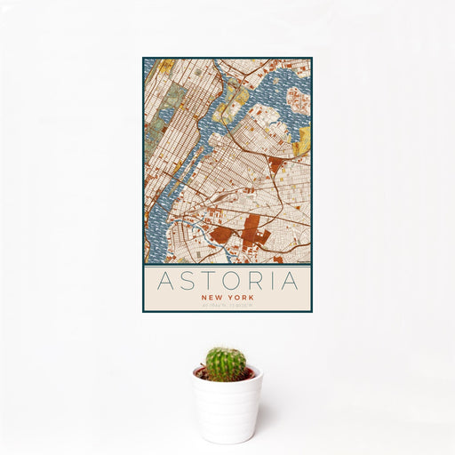 12x18 Astoria New York Map Print Portrait Orientation in Woodblock Style With Small Cactus Plant in White Planter