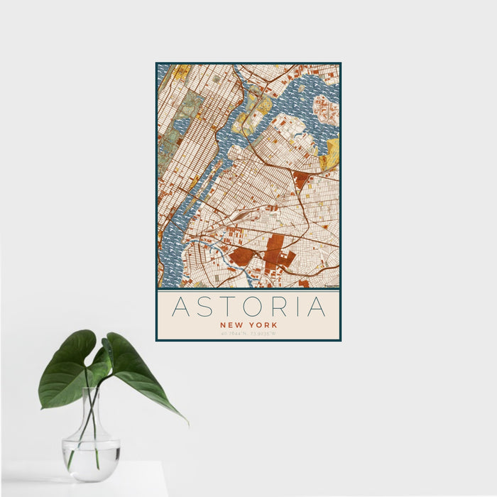 16x24 Astoria New York Map Print Portrait Orientation in Woodblock Style With Tropical Plant Leaves in Water