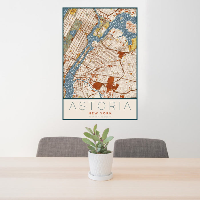 24x36 Astoria New York Map Print Portrait Orientation in Woodblock Style Behind 2 Chairs Table and Potted Plant