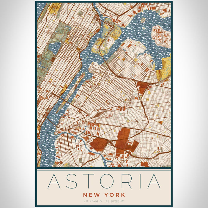 Astoria New York Map Print Portrait Orientation in Woodblock Style With Shaded Background