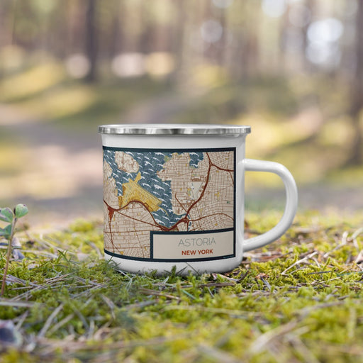 Right View Custom Astoria New York Map Enamel Mug in Woodblock on Grass With Trees in Background