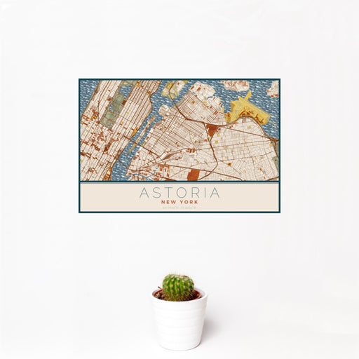 12x18 Astoria New York Map Print Landscape Orientation in Woodblock Style With Small Cactus Plant in White Planter