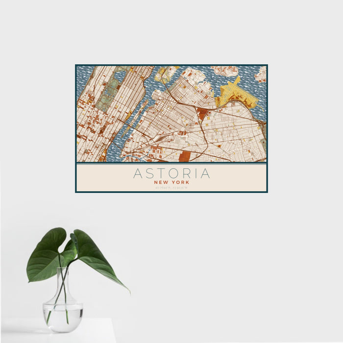 16x24 Astoria New York Map Print Landscape Orientation in Woodblock Style With Tropical Plant Leaves in Water