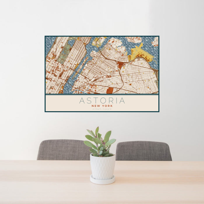 24x36 Astoria New York Map Print Landscape Orientation in Woodblock Style Behind 2 Chairs Table and Potted Plant