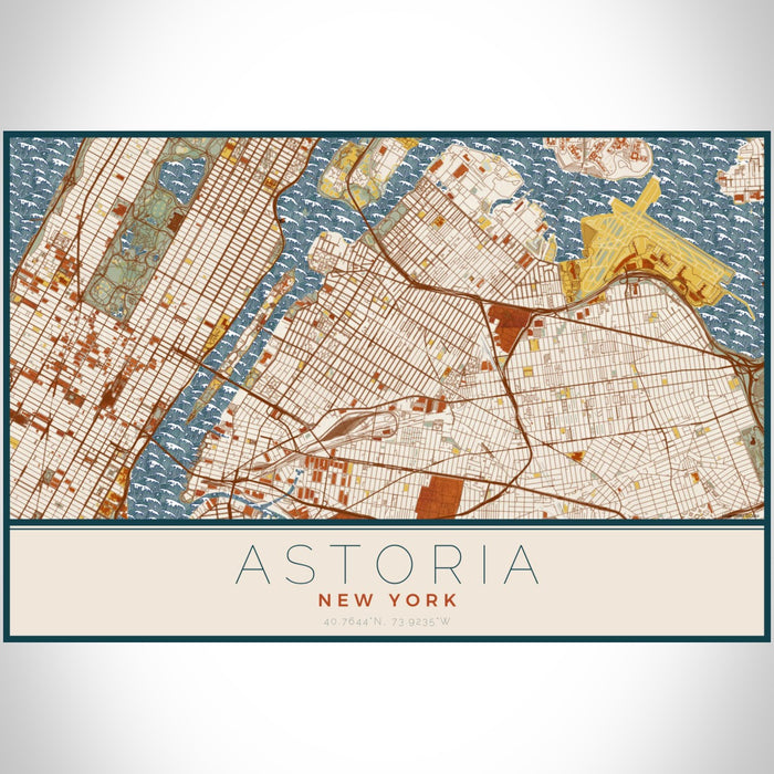 Astoria New York Map Print Landscape Orientation in Woodblock Style With Shaded Background