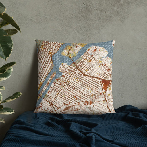 Custom Astoria New York Map Throw Pillow in Woodblock on Bedding Against Wall