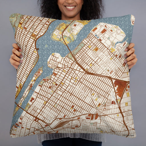 Person holding 22x22 Custom Astoria New York Map Throw Pillow in Woodblock