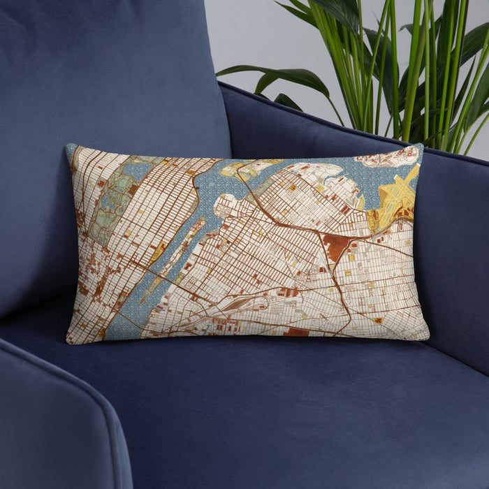 Custom Astoria New York Map Throw Pillow in Woodblock on Blue Colored Chair