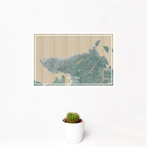 12x18 Astoria Oregon Map Print Landscape Orientation in Afternoon Style With Small Cactus Plant in White Planter