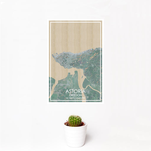 12x18 Astoria Oregon Map Print Portrait Orientation in Afternoon Style With Small Cactus Plant in White Planter