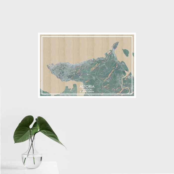 16x24 Astoria Oregon Map Print Landscape Orientation in Afternoon Style With Tropical Plant Leaves in Water