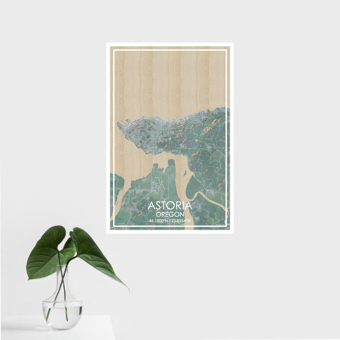 16x24 Astoria Oregon Map Print Portrait Orientation in Afternoon Style With Tropical Plant Leaves in Water