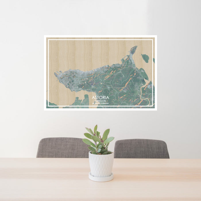 24x36 Astoria Oregon Map Print Lanscape Orientation in Afternoon Style Behind 2 Chairs Table and Potted Plant