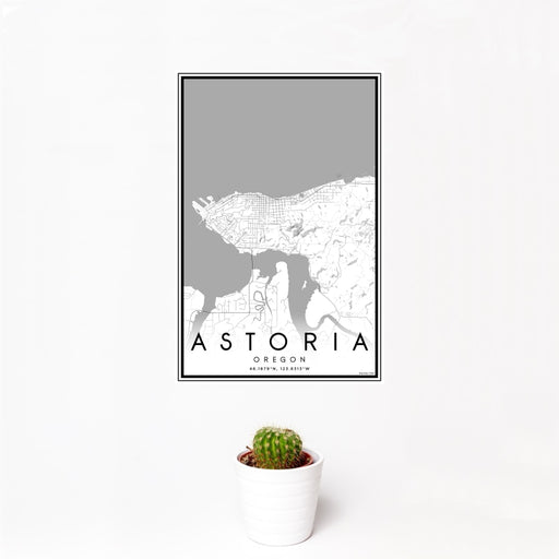 12x18 Astoria Oregon Map Print Portrait Orientation in Classic Style With Small Cactus Plant in White Planter