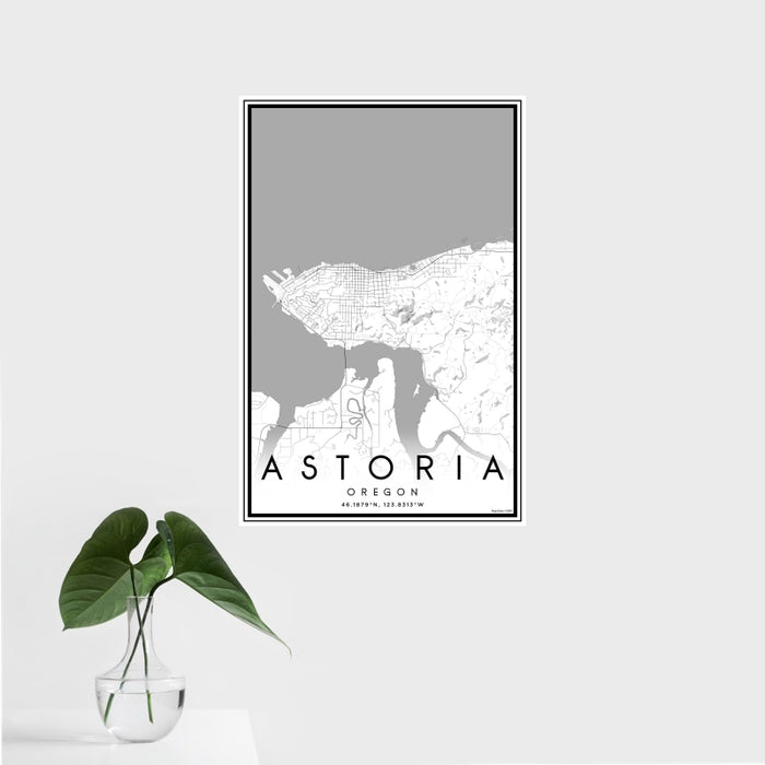 16x24 Astoria Oregon Map Print Portrait Orientation in Classic Style With Tropical Plant Leaves in Water