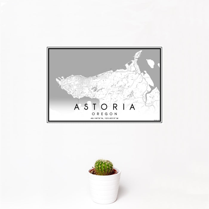 12x18 Astoria Oregon Map Print Landscape Orientation in Classic Style With Small Cactus Plant in White Planter