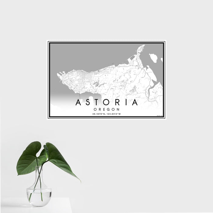 16x24 Astoria Oregon Map Print Landscape Orientation in Classic Style With Tropical Plant Leaves in Water