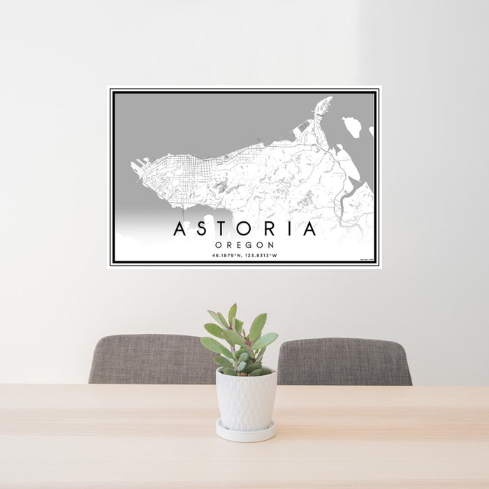24x36 Astoria Oregon Map Print Landscape Orientation in Classic Style Behind 2 Chairs Table and Potted Plant