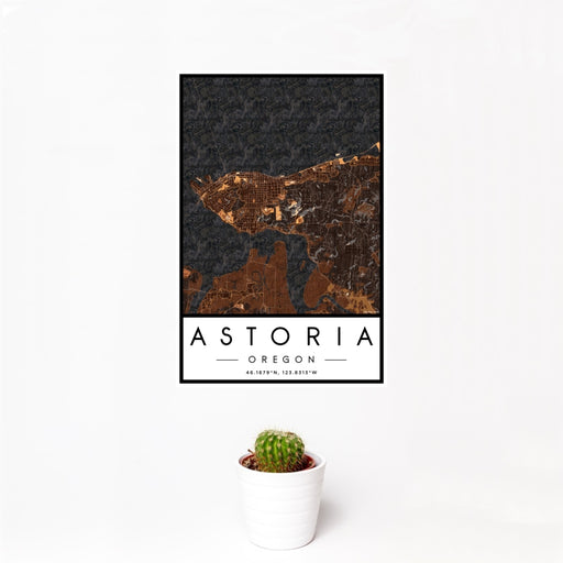 12x18 Astoria Oregon Map Print Portrait Orientation in Ember Style With Small Cactus Plant in White Planter