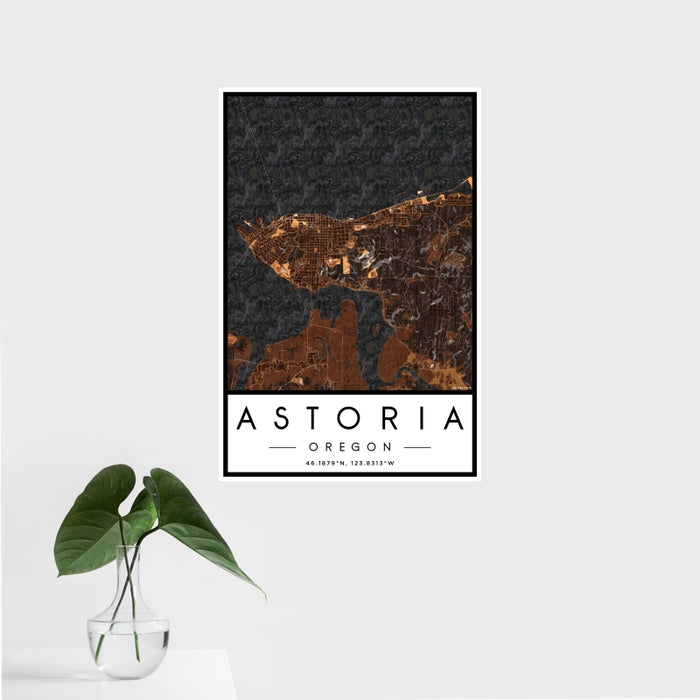 16x24 Astoria Oregon Map Print Portrait Orientation in Ember Style With Tropical Plant Leaves in Water