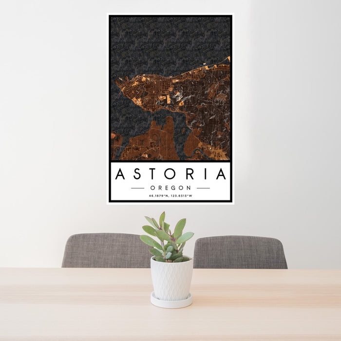 24x36 Astoria Oregon Map Print Portrait Orientation in Ember Style Behind 2 Chairs Table and Potted Plant
