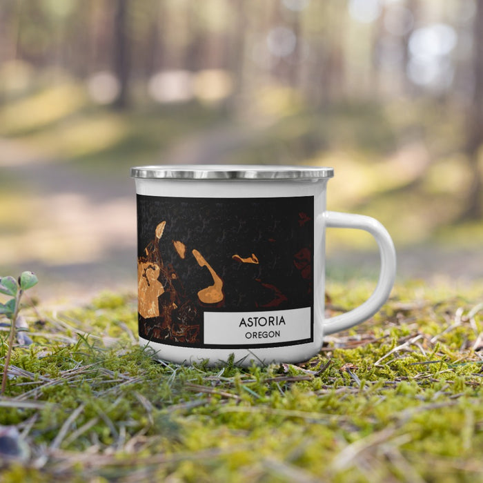 Right View Custom Astoria Oregon Map Enamel Mug in Ember on Grass With Trees in Background